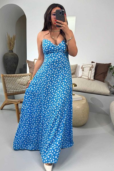 Sohotique By P Rochie din viscoză cu model cu bretele din cauciuc Albastru-Ecru
