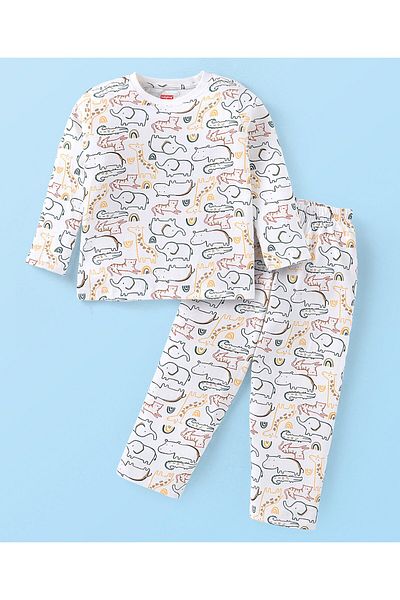 Babyhug طقم بيجامة قطنية من بيبي هاج بطبعة حيوانات - أبيض