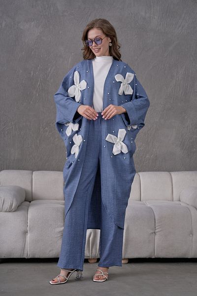 Miss Allos Women's Front Floral Embroidered Stone and Pearl Detailed Linen Kimono Cardigan and Pants Bottom Top Set