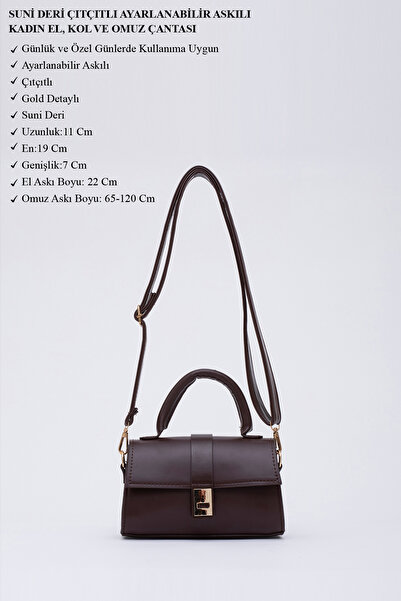 SHAKA Kahve Rengi Shk109 Suni Deri Çıtçıtlı Ayarlanabilir Askılı Kadın El, Kol Ve Omuz Çantası