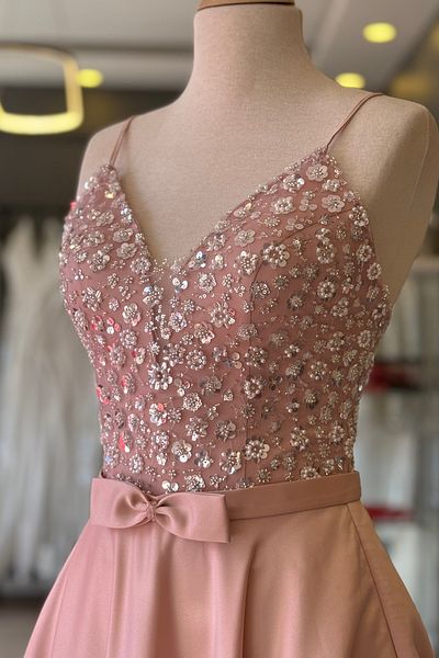 Lenta Moda Powder Ribbon Belt Detail and Embroidered Lace Overlay Satin Evening Dress/Evening Gown