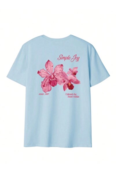 MOONBULL Women's Simple Joy Pink Flower Back Printed Oversize T-Shirt