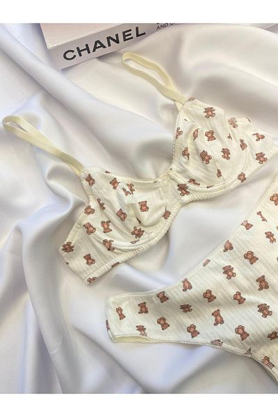 İNKO İÇ GİYİM Teddy Bear Patterned Underwire Cotton Combed Bra Set (Bra Thong)