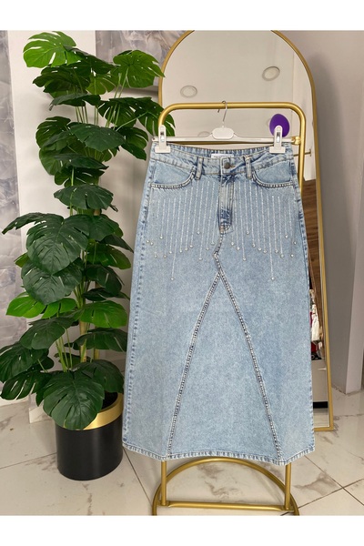 Anka Taş işlemeli kot etek