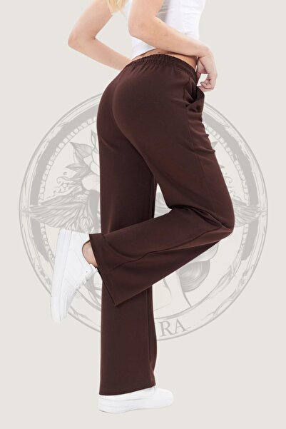 Hney Kahverengi Modal Kumaş Geniş Paça Kadın Palazzo Eşofman Altı Iki Cepli, Yüksek Bel, Spor Ve Günlük