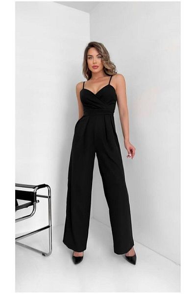 MİSSCİXFASHİON Women's Jumpsuit Dress Crepe Satin Fabric Strap Double Breasted Collar Wide Leg Black Misscix