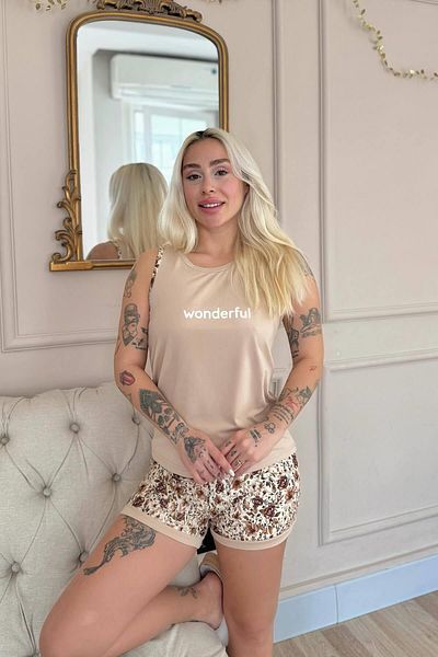 Pijamaevi Beige Wonderful Patterned Zero Sleeve Shorts Knitted Women's Pajama Set