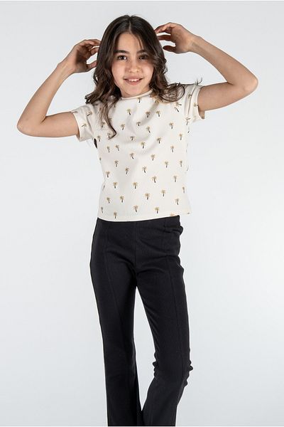 Kyron Tricou pentru fetiță din bumbac crem cu decolteu și nervuri - cu model palmier