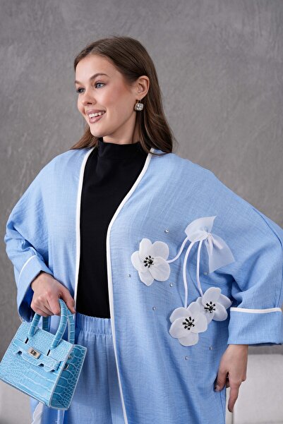 Miss Allos Лляне кімоно та штани з квітковою вишивкою на стрічці з бантом та деталями з каміння