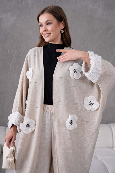 Miss Allos Women's Front Floral Embroidered Stone Detailed Linen Kimono and Pants Bottom Top Set