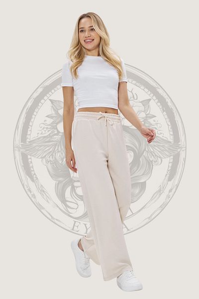 Hney Cream Color Modal Fabric Wide Leg Women's Palazzo Sweatpants with Two Pockets, High Waist, Sports and Casual