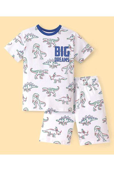 Pine kids طقم تيشيرت وشورت للأطفال بطبعة ديناصور - أبيض