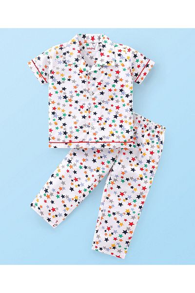 Babyhug بدلة نوم بيبي هاج بوبلين منسوجة بأكمام نصفية وطبعة نجوم - أبيض