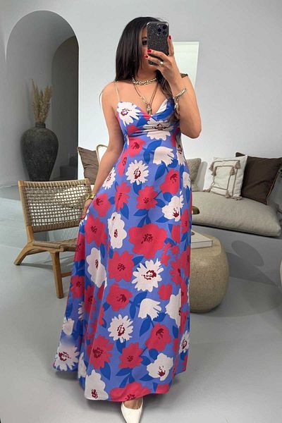 Sohotique By P Rochie din viscoză cu model și curea din cauciuc Coral-albastru