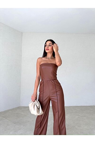 MİSSCİXFASHİON Straplez Bol Paça Çizgi Detaylı Cepli Deri Tulum