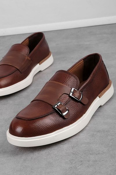 Lal Shoes & Bags Ανδρική αγκράφα από γνήσιο δέρμα Shay με λεπτομέρεια ραμμένα casual παπούτσια-καφέ