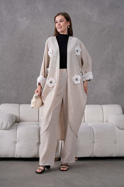 Miss Allos Women's Front Floral Embroidered Stone Detailed Linen Kimono and Pants Bottom Top Set