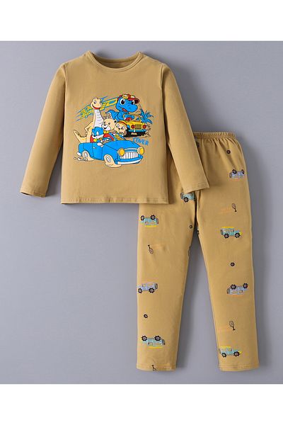 SAPS SAPS Dinosaurs and Vehicles Printed Pajama Set - Brown