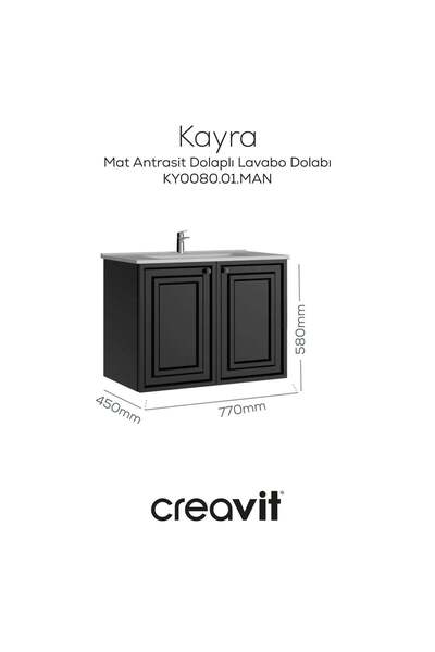 Creavit Kayra Lavabo Dolabı Kapaklı 80cm Mat Antrasit