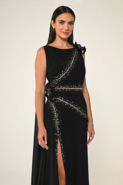 ALFABETA Çiçek ve Taş Aksesuarlı Yırtmaçlı Uzun Abiye Elbise Alfa Beta