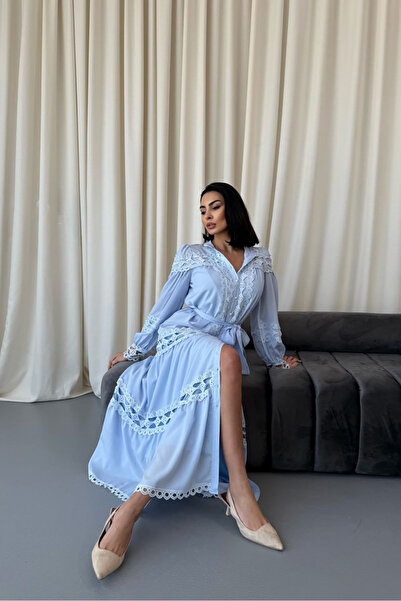 XXL BUTİK kadın mavi uzun dantel detaylı elbise
