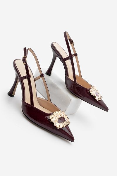 Marjin Women's Stiletto Pointed Toe Buckle Open Back Scarf Heeled Shoes Yosina Burgundy Patent Leather