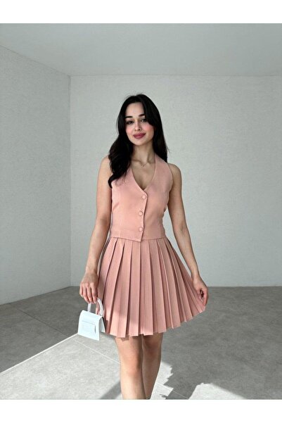 MİSSCİXFASHİON Kadın Abiye Kuşak Detaylı Boyundan Bağlamalı Yelek Piliseli Et...