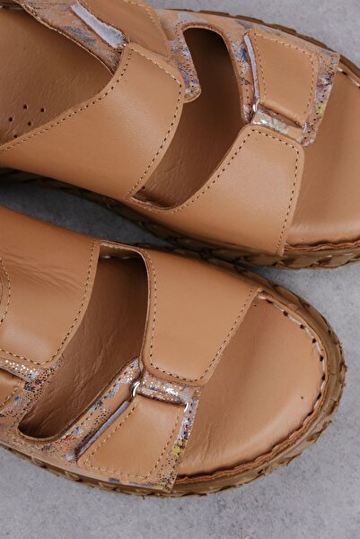 Lal Shoes & Bags Happy Women's Genuine Leather Velcro Patterned Slippers-Tan