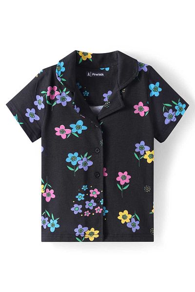 Pine kids Pine Kids Single Jersey Knit Half Sleeves Night Suit with Floral Print - Black