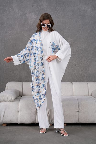 Miss Allos Women's Tulle Flower Embroidered Stone Detailed Kimono and Trouser Top Set