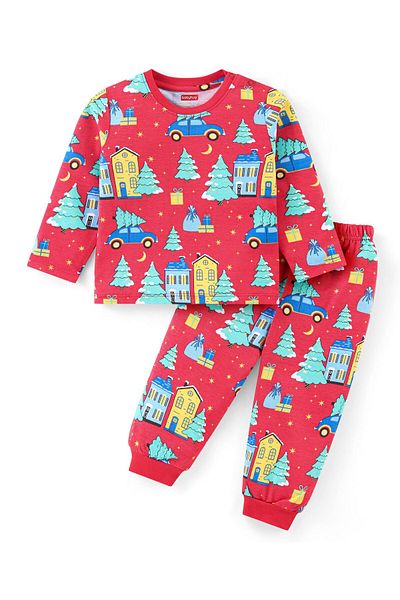 Babyhug Babyhug Cotton Knit Full Sleeves Night Suit With Cars Print - Red