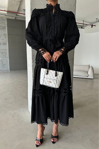XXL BUTİK XXL Boutique rochie lungă neagră de damă cu detaliu din dantelă X-NBMS42110