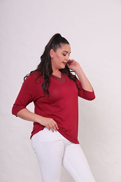 tarzımsüper Women's V-Neck Capri Sleeve Stone Printed Comfort Model Blouse