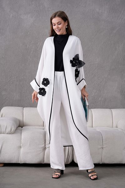Miss Allos Linen Kimono and Trousers Set - Bow Ribbon, Floral Embroidery and Stone Detail
