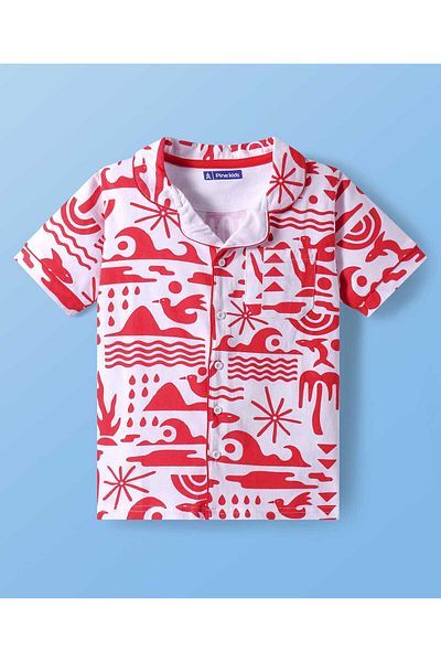 Pine kids طقم قميص وشورت للأطفال من باين بطبعة شاطئية - أحمر