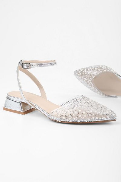 Shoeberry Women's Rhea Silver Skin Stone Ballerina Shoes