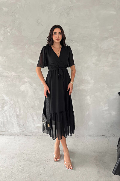 XXL BUTİK fusta neagra de dama rochie din sifon cu volane