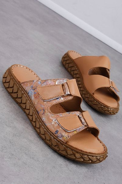 Lal Shoes & Bags Дамски чехли Happy от естествена кожа с тик-так шарка - Taba