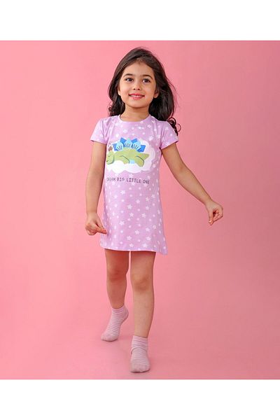 Babyhug Babyhug Cotton Knit Half Sleeves Nighty With Turtle Print - Lavender