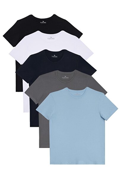 Tudors Unisex 5'li Pkt Siyah-Beyaz-Lacivert-K.Gri-A.Mavi Slim Fit Dar Kesim %100 Pamuk Bisiklet Yaka Tişört