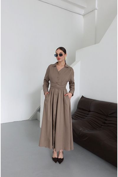 Laluvia Khaki Pleated Belted Dress - 2272