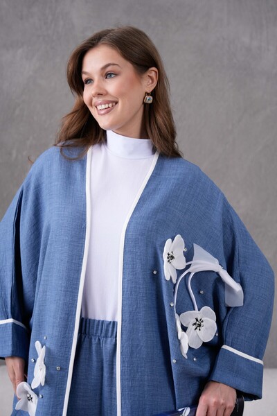 Miss Allos Лляне кімоно та штани з квітковою вишивкою на стрічці з бантом та деталями з каміння