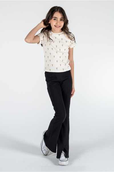 Kyron Κρεμ βαμβακερό μπλουζάκι με λαιμόκοψη με ραβδώσεις για κορίτσια - με σχέδιο παλάμης