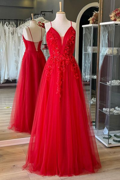 Lenta Moda Red Glitter and Three Dimensional Lace Detailed Maxi Length Evening Dress and Evening Gown