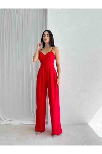 MİSSCİXFASHİON Red Crepe Satin Jumpsuit - Sling, Double Breasted Neck, Wide Leg