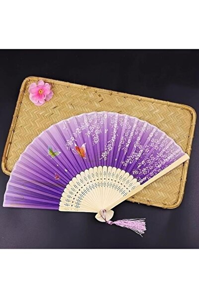 BELUGA Yelpaze Bambu Kumaş Serinletici Vintage Şık Dekorasyon Lila Püsküllü J...