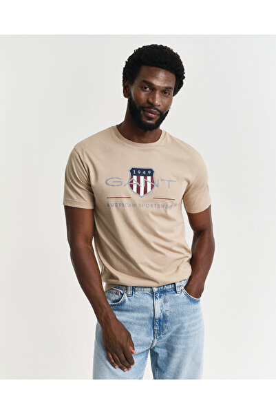 Gant Erkek Bej Regular Fit Bisiklet Yaka Logolu T-Shirt