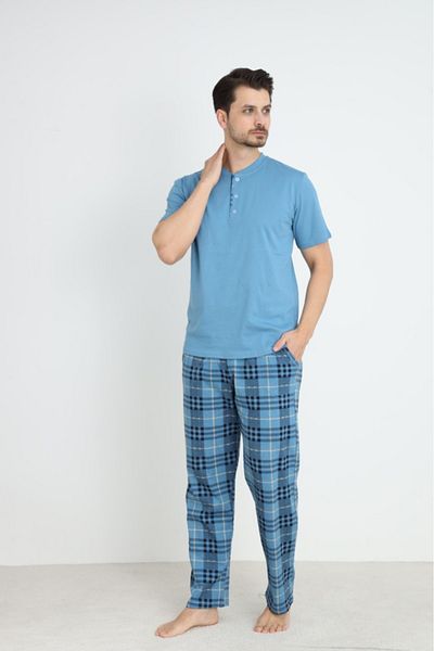 CALİA Set de pijamale de vară pentru bărbați, cu decolteu, cu mâneci scurte, cu buzunare, 100% bumbac