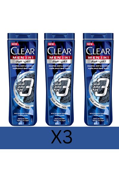 Clear Men Complete Care 3in1 Shampoo For Hair, Face & Body With Activated Charcoal, 400ml x3