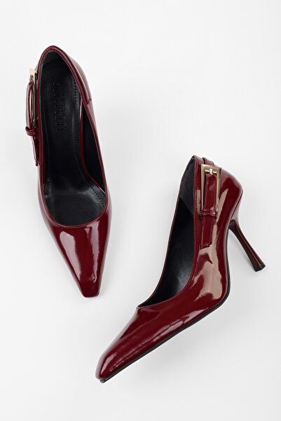 Shoeberry Women's Myra Burgundy Stiletto - Buckle Patent Leather Belt